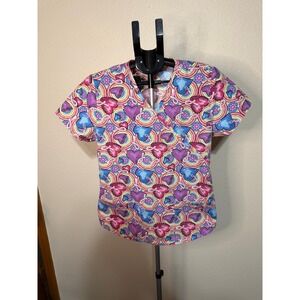 Lot of 2 Womens Scrub Tops Med+Wear Rainbow Heart Butterfly Mock Wrap V-Neck
